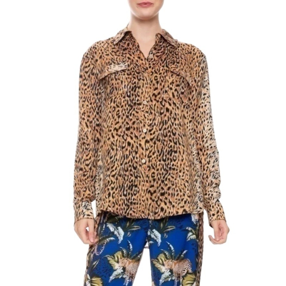 Le Superbe Cheetah Print Button Down Shirt Brown Tan Black FW19-401C Size 8 NEW‎